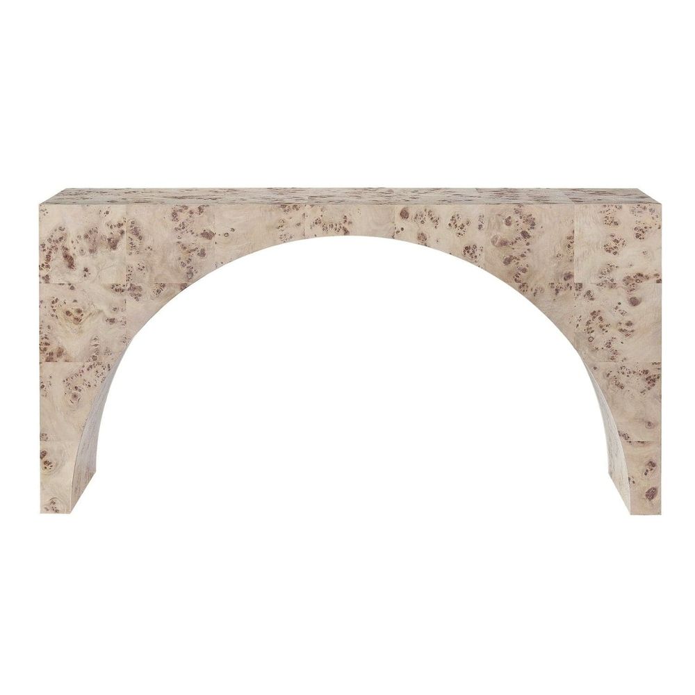 Arc Console Table, shown in beige and cream with burl wood, wood, and a flat console top surface.