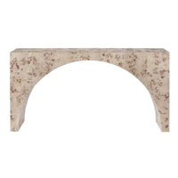 Arc Console Table, shown in beige and cream with burl wood, wood, and a flat console top surface.