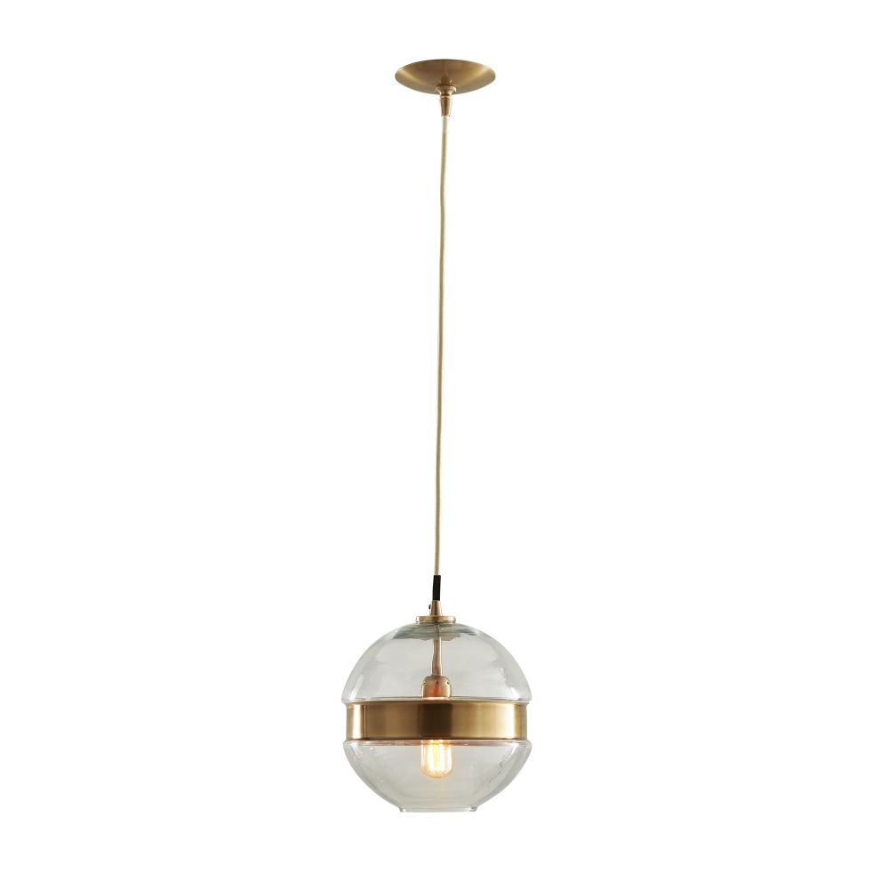 Alternate view of Hammer Round Pendant, featuring glass, brass, and a ceiling canopy mount.
