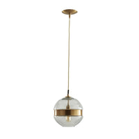 Hammer Round Pendant, shown in clear and gold with glass, brass, and a ceiling canopy mount.