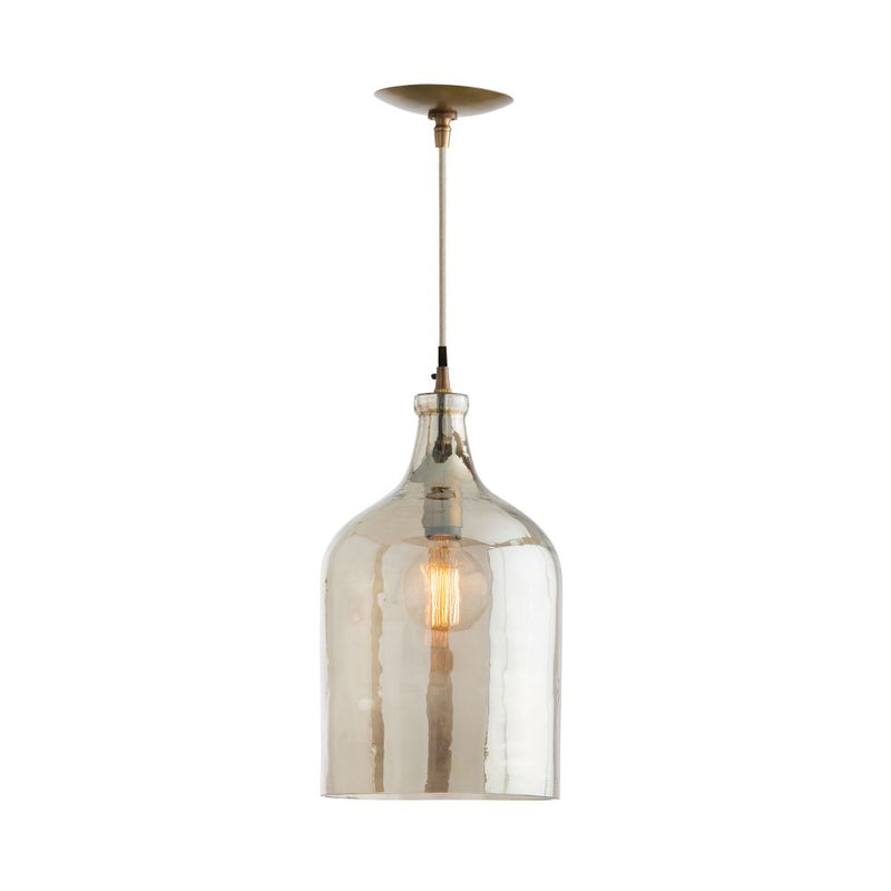 Celina Pendant, shown in smoky champagne and warm gray with glass, brass, and single-light pendant suspension.