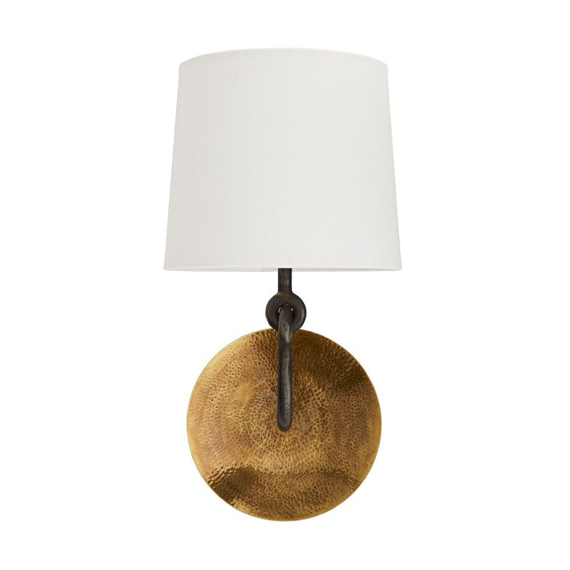 Hugh Sconce, shown in white and antique brass with linen, brass, and a wall-mounting backplate.
