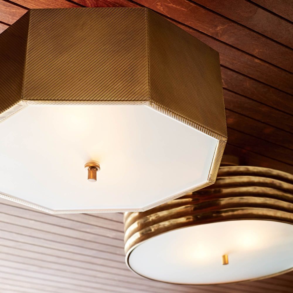 Alternate view of Savanna Semi-Flush Mount in antique brass gold and warm white.
