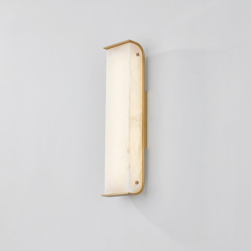 Alternate view of Hera Wall Sconce, featuring translucent stone finish, alabaster, brass, and wall-mounting hardware.