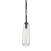 Copenhagen Pendant, shown in clear and black with glass, metal, and ceiling-hung pendant suspension.