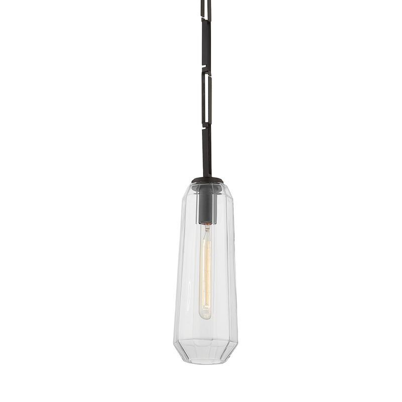 Copenhagen Pendant, shown in clear and black with glass, metal, and ceiling-hung pendant suspension.