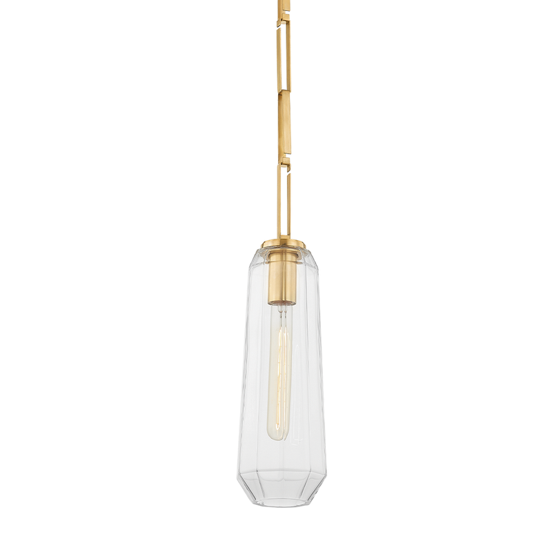 Copenhagen Pendant, shown in vintage brass and clear with brass, glass, and ceiling-suspended pendant.