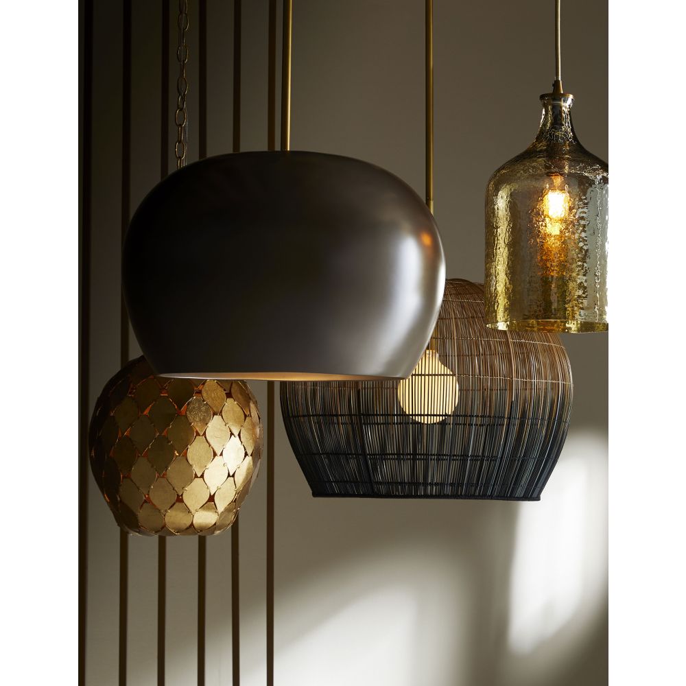 Additional view of Malion Small Pendant, showing rounded bell-dome pendant with flared open base in natural tan and black.