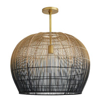 Malion Small Pendant, shown in natural tan and black with buri palm sticks, brass, and a ceiling-mounted canopy.