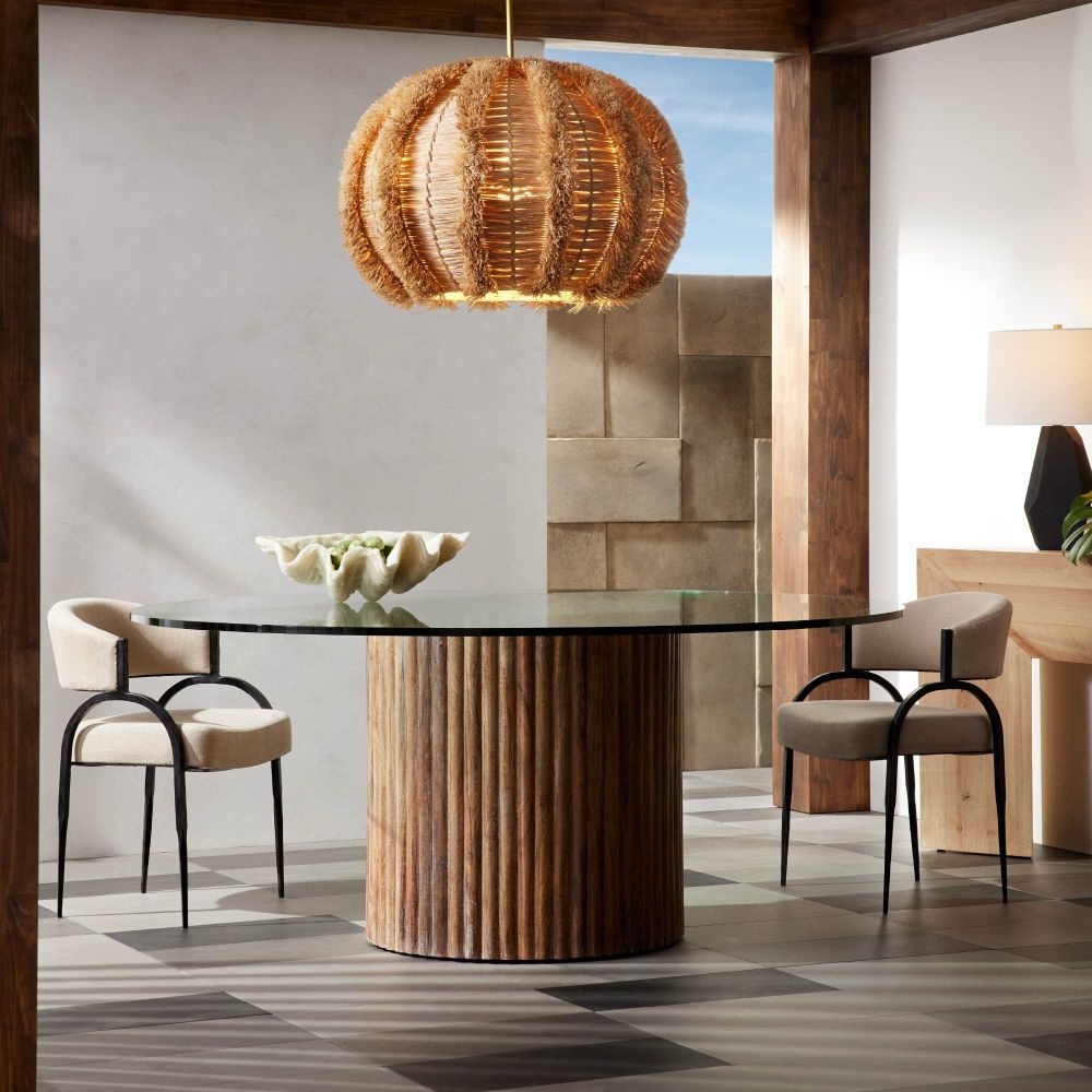 Alternate view of Rolf Pendant, featuring fringed texture finish, raffia, metal, and a ceiling-mounted canopy.