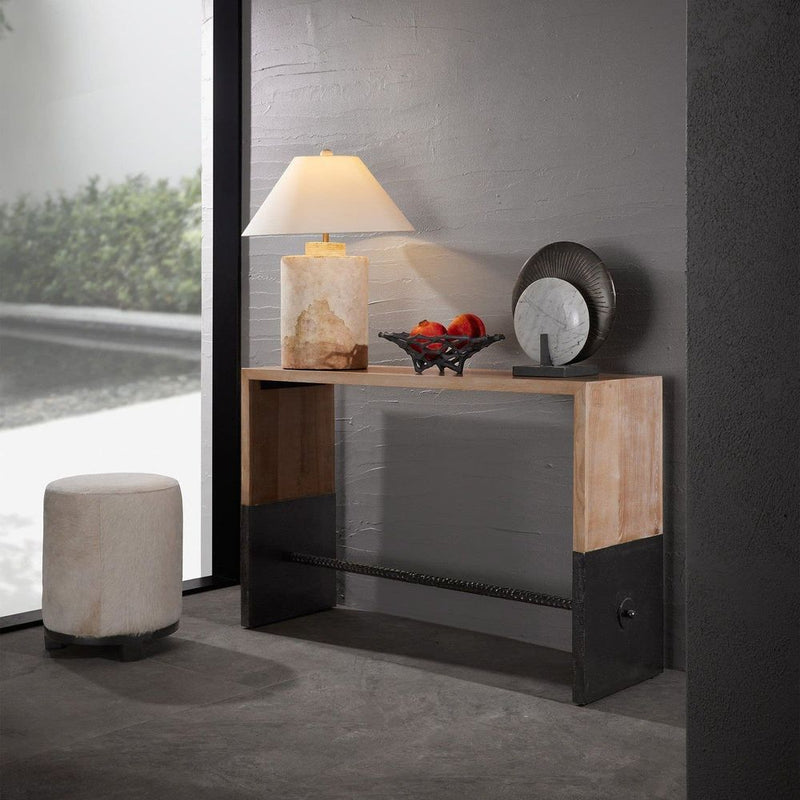 Alternate view of Isla Lamp, featuring distressed tuscan-washed, terracotta, fabric, and a table lamp base.