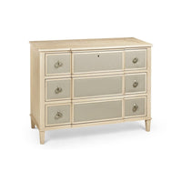 Neap Leather Front Chest, shown in light natural wood and warm taupe beige with wood, leather, and multiple drawer storage.