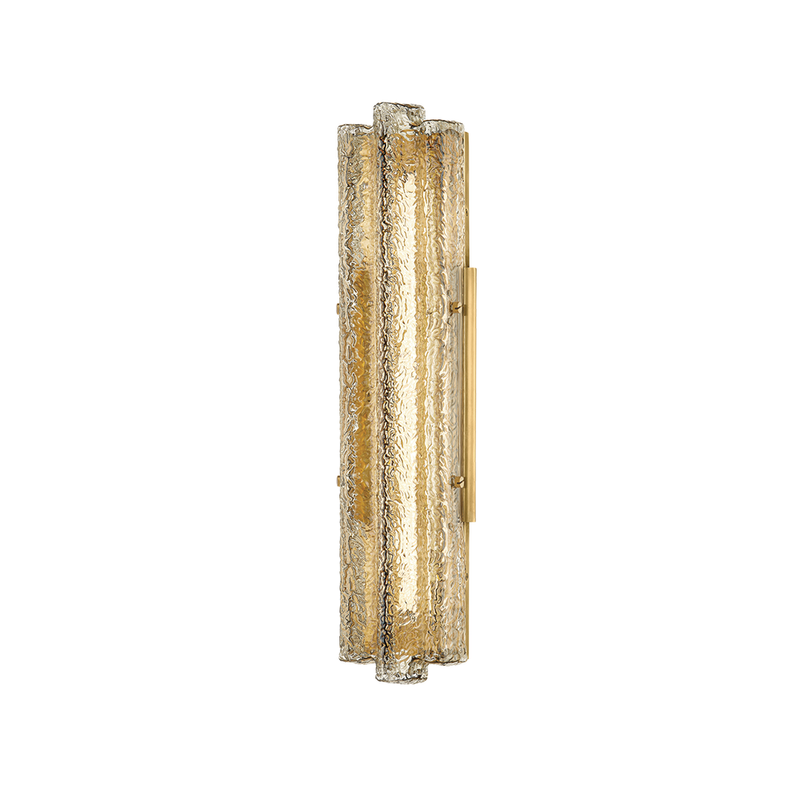 Carnelian Wall Sconce, shown in amber and champagne gold with textured glass, brass metal, and a wall-mounting backplate.
