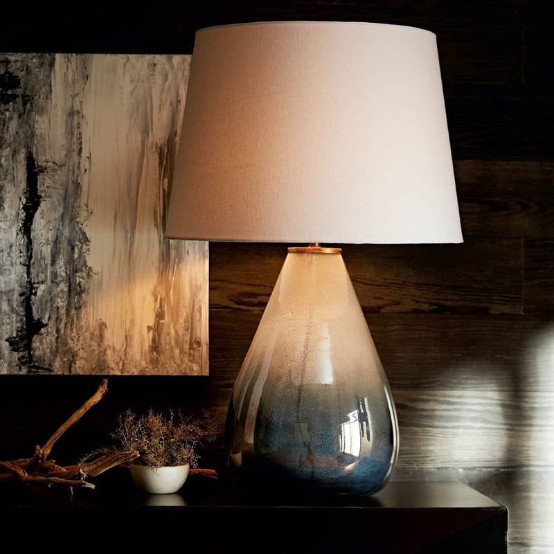 Alternate view of Jaxon Lamp, featuring fabric shade finish, seeded glass, linen, and a table lamp base.
