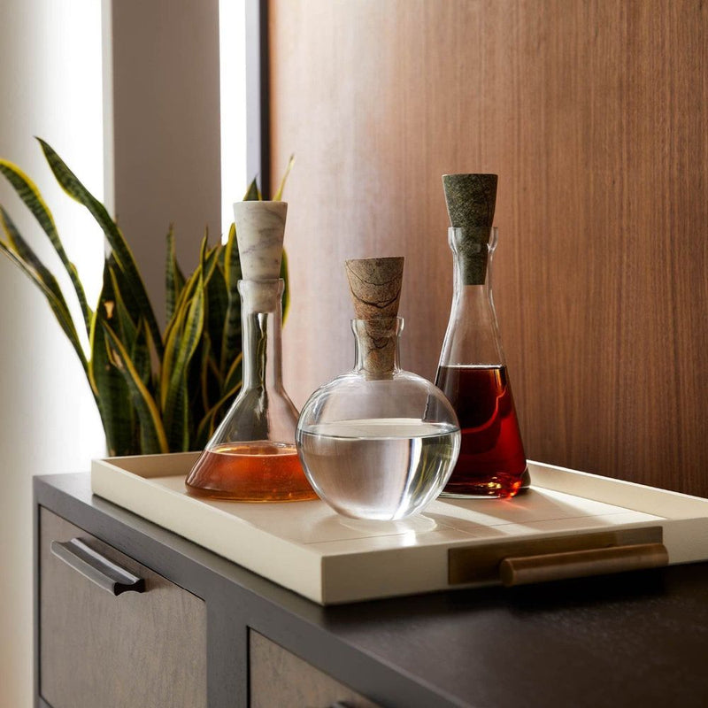 Alternate view of Zane Tray, featuring tailored stitching finish, leather, brass, and dual side handles.