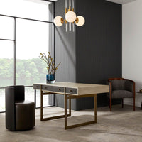 Alternate view of Poseidon Desk, featuring matte dark drawer faces, wood veneer, metal, and three integrated drawers.