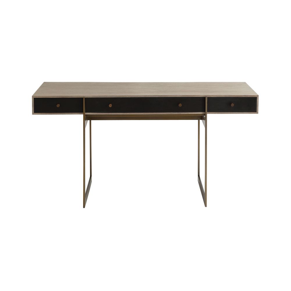 Poseidon Desk, shown in light oak beige and charcoal black with wood veneer, metal, and three integrated drawers.