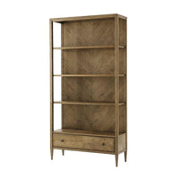 Nova Open Bookcase, shown in medium brown and warm oak brown with wood, oak veneer, and open shelving.