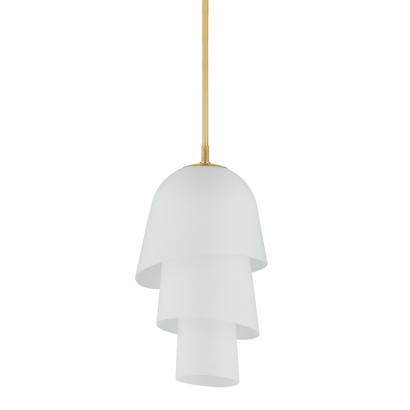 Hela Pendant, shown in white and brass gold with frosted glass, brass metal, and a ceiling-mounted canopy.