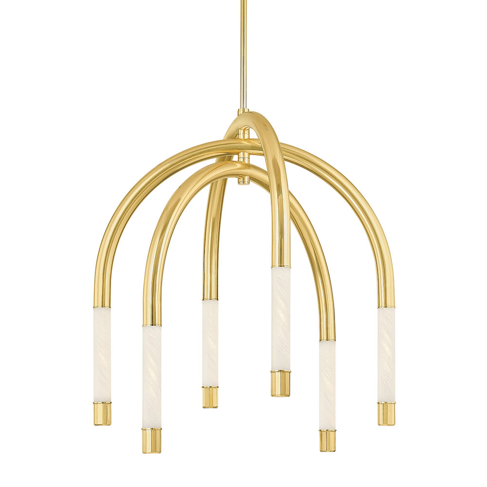 Zeme Chandelier, shown in polished brass gold and white with brass metal, frosted glass, and a ceiling canopy mount.