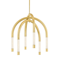 Zeme Chandelier, shown in polished brass gold and white with brass metal, frosted glass, and a ceiling canopy mount.