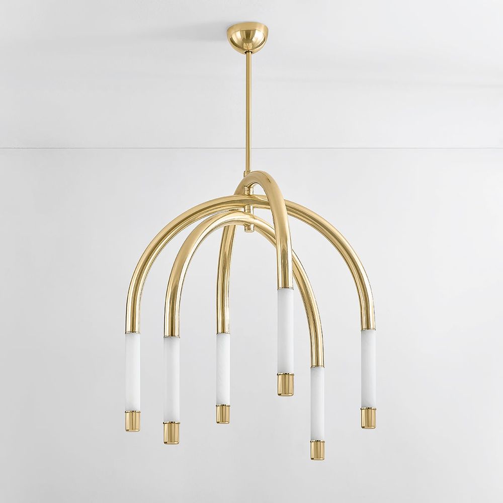 Additional view of Zeme Chandelier in polished brass gold and white, featuring a ceiling canopy mount.