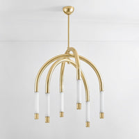Additional view of Zeme Chandelier in polished brass gold and white, featuring a ceiling canopy mount.