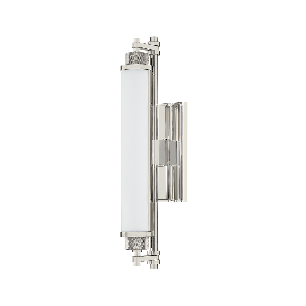 Plandome Bath And Vanity Light, shown in polished nickel and frosted white with metal, glass, and a wall-mounting backplate.