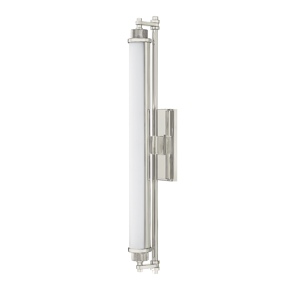 Plandome Bath And Vanity Light, shown in polished nickel and white with metal, frosted glass, and wall-mounting hardware.