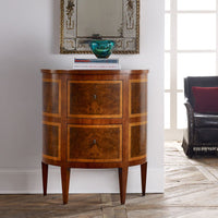 Covington Demilune Two Drawer, shown in warm walnut brown and amber burl with wood and burl veneer.