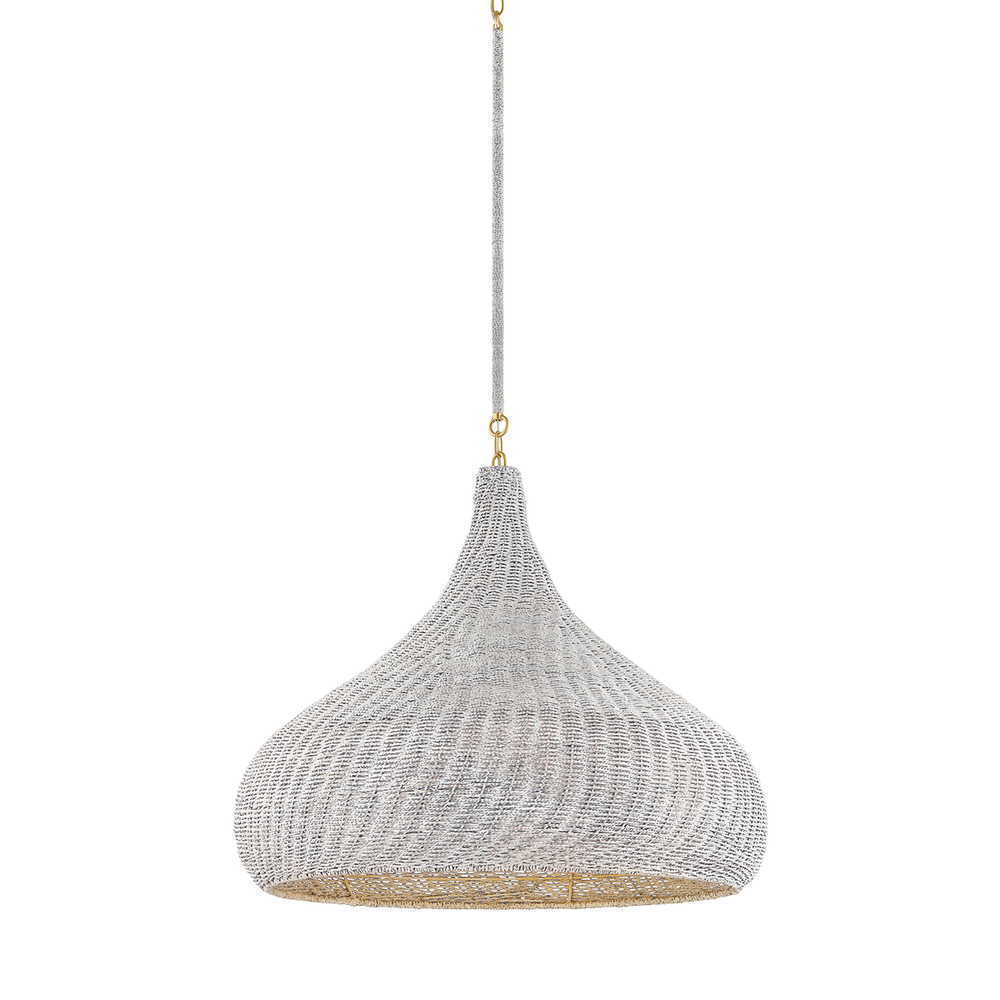 Hampstead Pendant, shown in off-white and light gray with woven rattan, wicker, and ceiling-suspended pendant.
