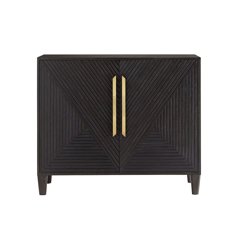 Leo Cabinet, shown in ebony black and antique brass with solid oak, oak veneer, and two-door enclosed storage.