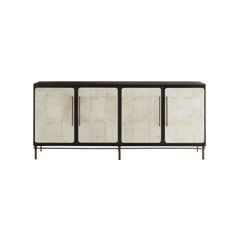 Tesla Credenza, shown in ebony black and ivory cream with oak wood, oak veneer, and four-door enclosed storage cabinet.