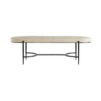 Preston Bench, shown in beige and black with linen, iron, and backless bench seating.