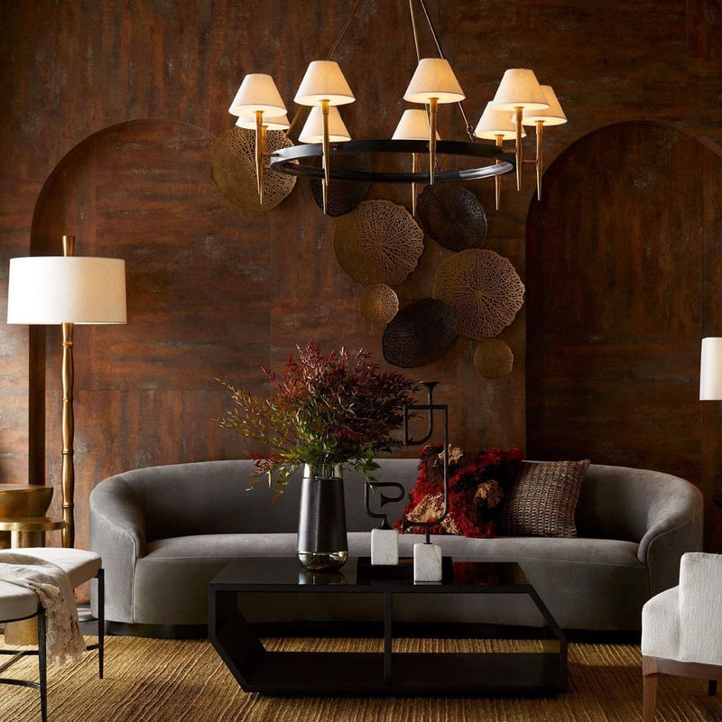 Alternate view of Preston Bench, featuring textured metal finish, linen, iron, and backless bench seating.