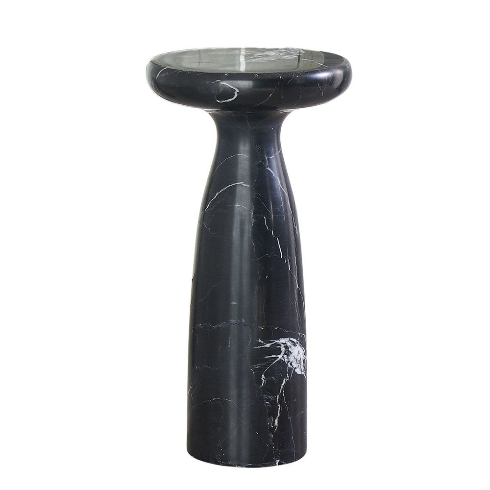 Marble Tower Table, shown in black and white with marble and a solid pedestal base.