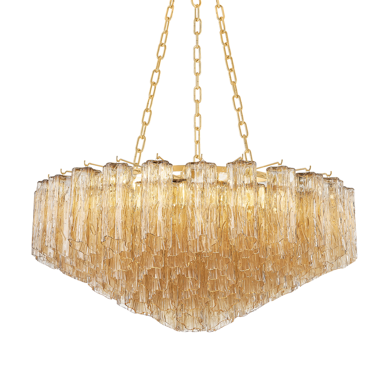 Watertown Chandelier, shown in amber and gold with textured glass, metal, and chain-hung suspension.