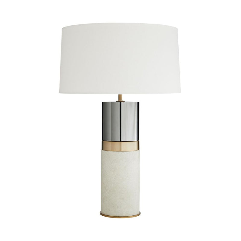 Corwin Lamp, shown in off-white and chrome silver with stone composite, metal, and a table lamp base.