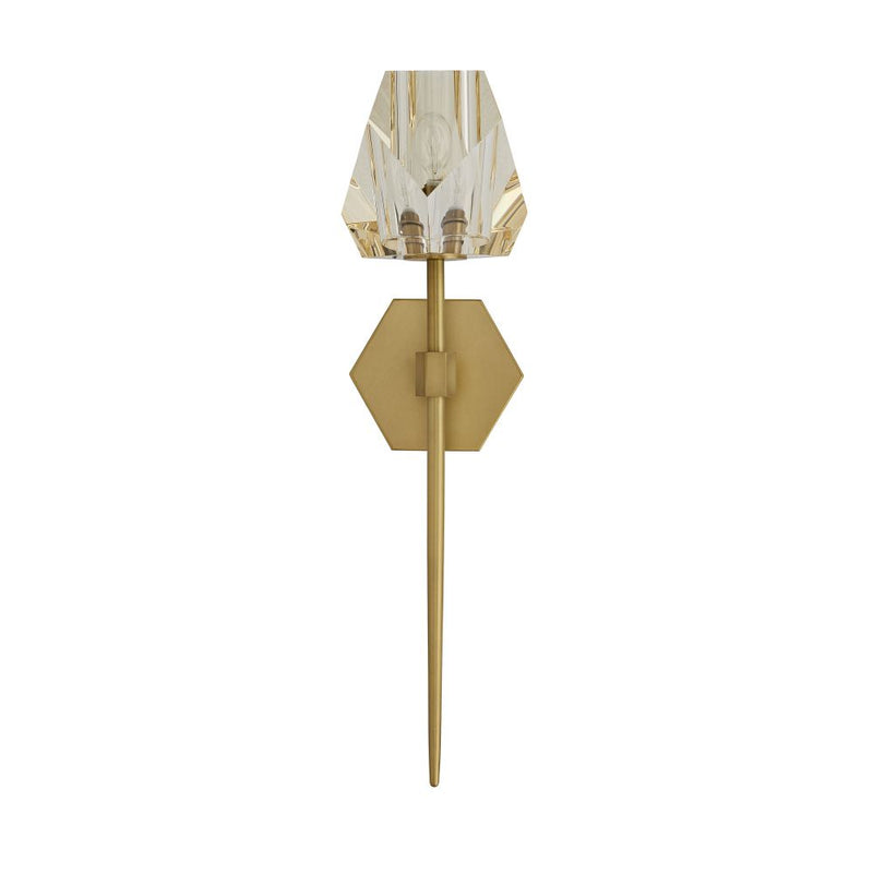 Alternate view of Sawyer Sconce, featuring polished metal finish, crystal, brass, and a wall-mounting backplate.