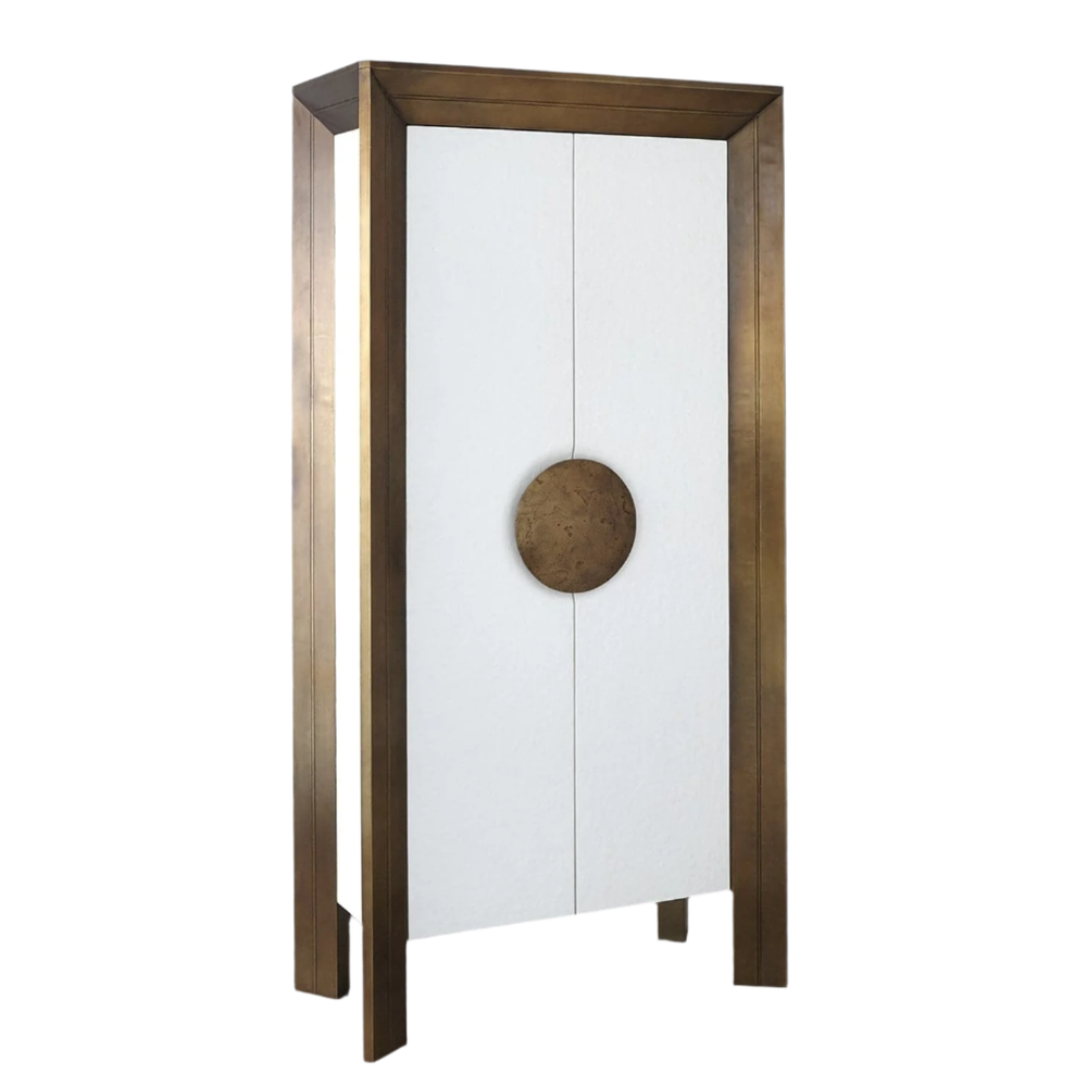 Framed Tall Cabinet, shown in white and antique brass with metal, wood, and double doors with centered circular pull.