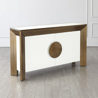 Alternate view of Framed Console, featuring antiqued bronze disc, wood, metal, and two-door cabinet storage.