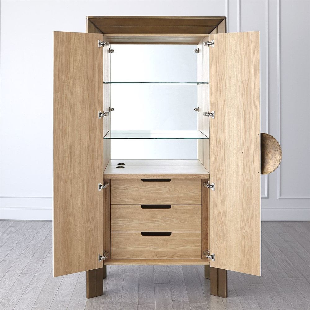 Additional view of Framed Tall Cabinet in white and antique brass, featuring double doors with centered circular pull.
