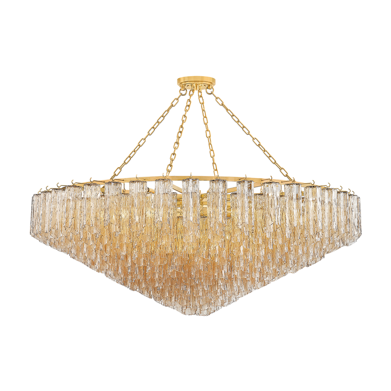 Watertown Chandelier, shown in gold and champagne with brass and textured glass.