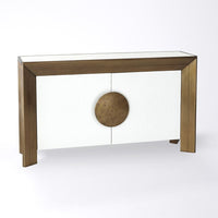 Framed Console, shown in white and brushed gold with wood, metal, and two-door cabinet storage.