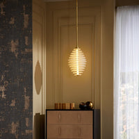 Alternate view of Persephone Pendant, featuring polished metal accents, glass, brass, and a ceiling-mount canopy.