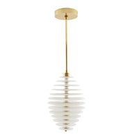Persephone Pendant, shown in white and gold with glass, brass, and a ceiling-mount canopy.