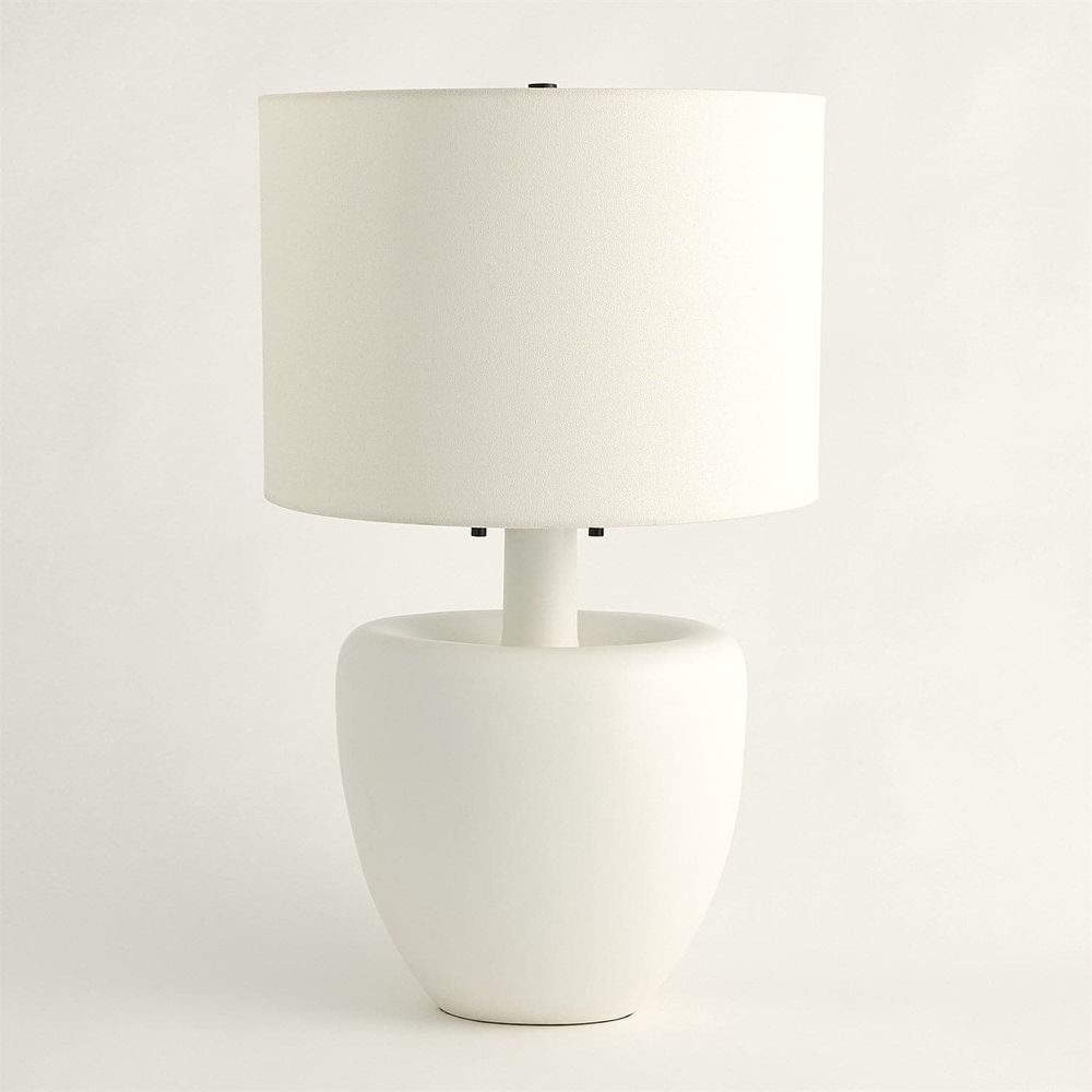 Impression Lamp, shown in white and gray with ceramic, fabric, and a freestanding table base.