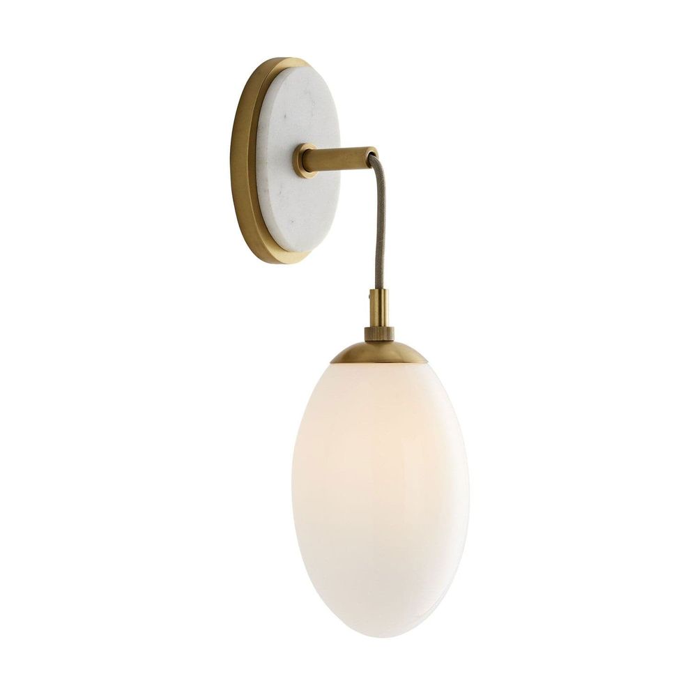 Alternate view of Quinn Sconce, featuring polished stone finish, marble, brass, and wall-mounting hardware.