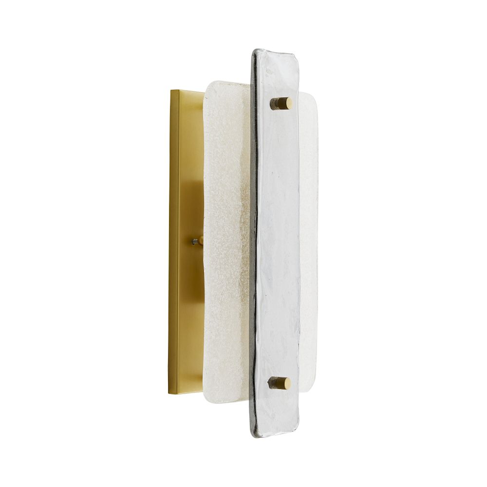 Alternate view of Barrett Sconce, featuring glass, brass, and a wall-mounting backplate.