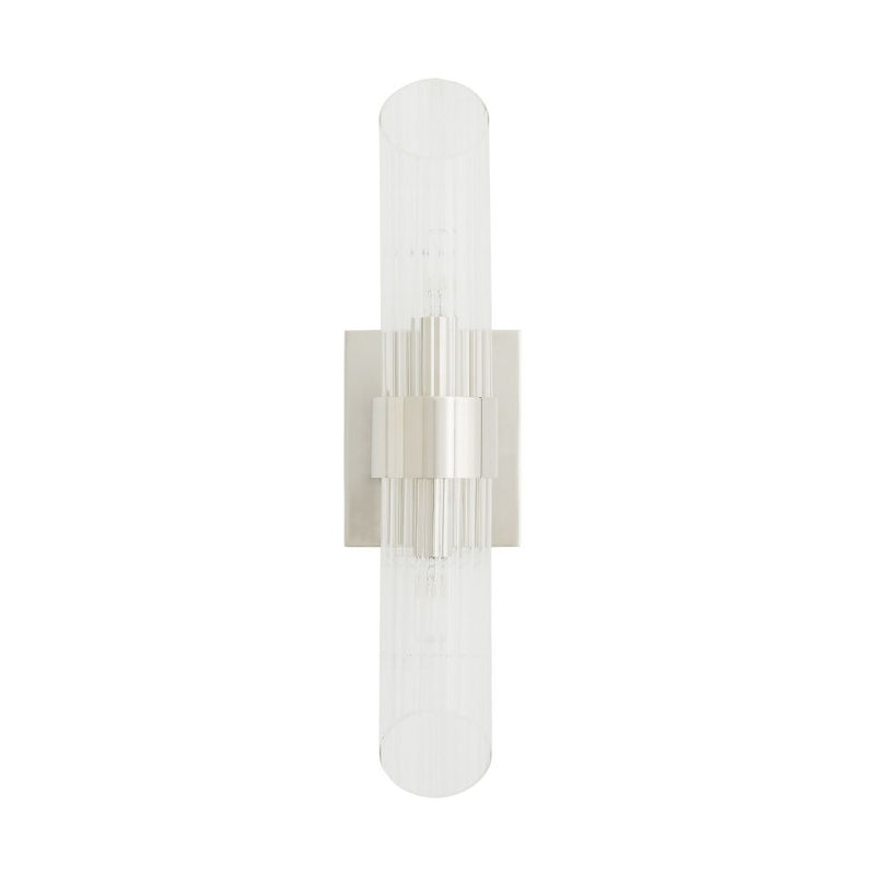 Spirata Sconce, shown in clear and silver with ribbed glass, nickel metal, and a wall-mounting square backplate.